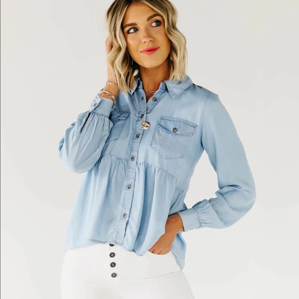 The Rockie Chambray Tiered Button Down Shirt
